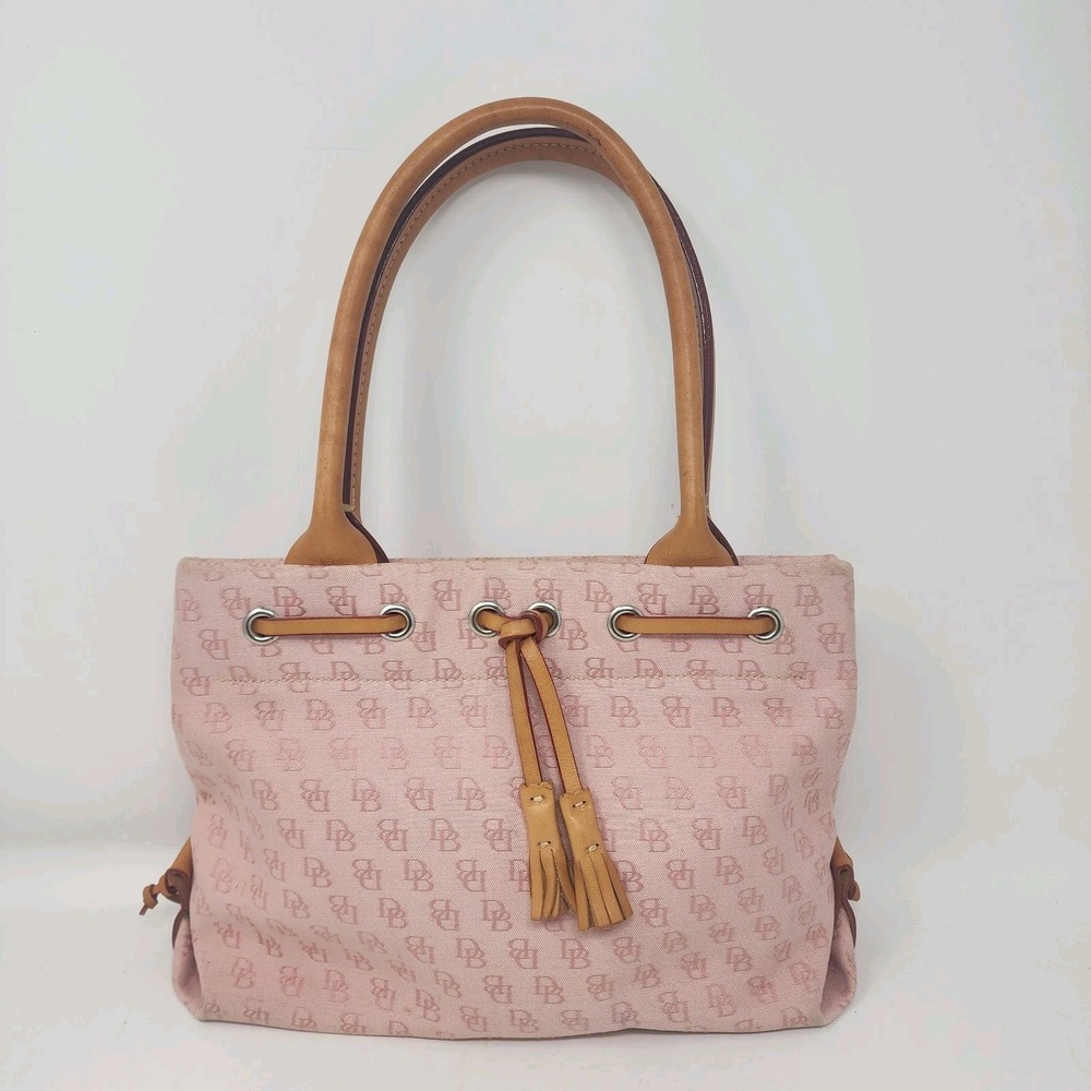 Dooney &Bourke Signature Tassel Tote Pink Monogram Canvas Tan Leather Trim
